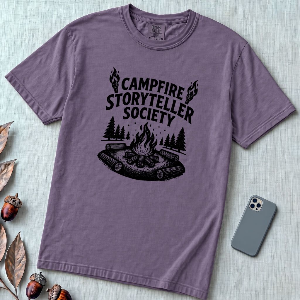 Campfire Storyteller Society T-Shirt, Camping Tee - Grape unfolded t-shirt mockup