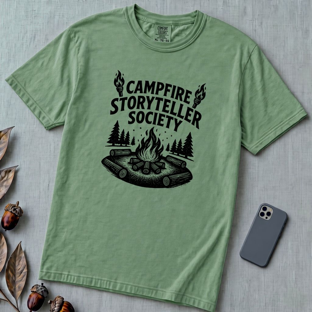 Campfire Storyteller Society T-Shirt, Camping Tee - Light Green unfolded t-shirt mockup