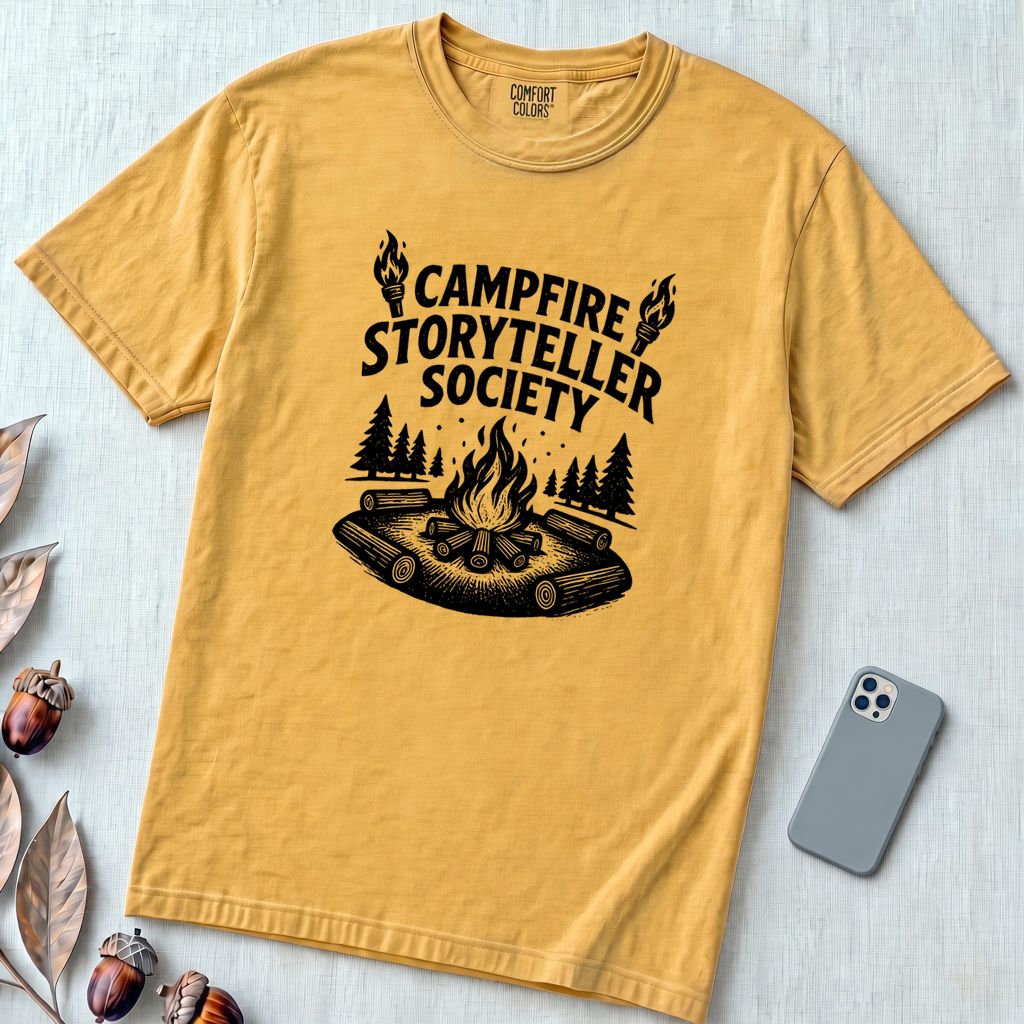 Campfire Storyteller Society T-Shirt, Camping Tee - Mustard unfolded t-shirt mockup