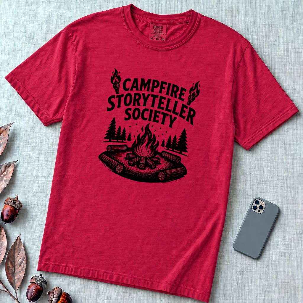 Campfire Storyteller Society T-Shirt, Camping Tee - Red unfolded t-shirt mockup