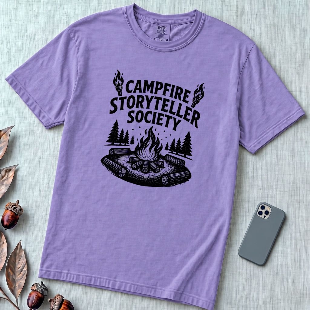 Campfire Storyteller Society T-Shirt, Camping Tee - Violet unfolded t-shirt mockup