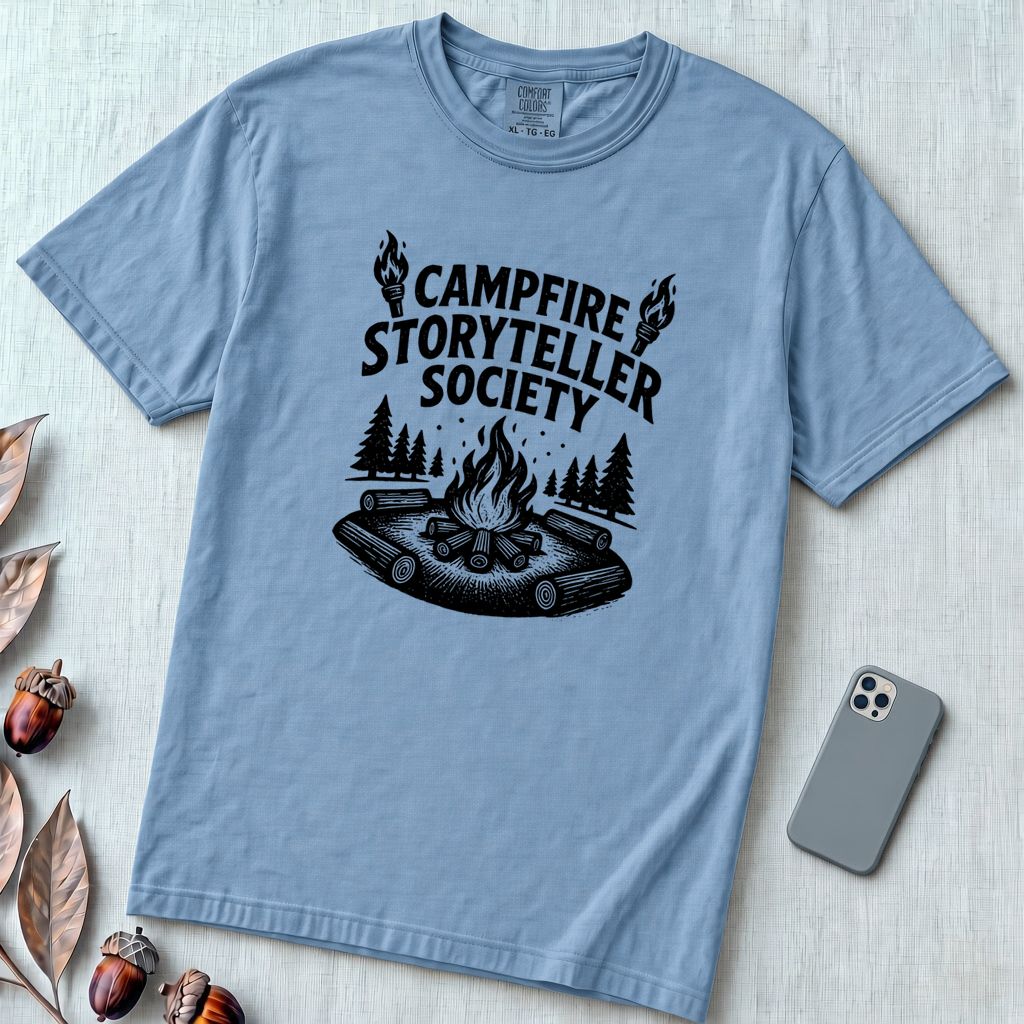 Campfire Storyteller Society T-Shirt, Camping Tee - Washed Denim unfolded t-shirt mockup