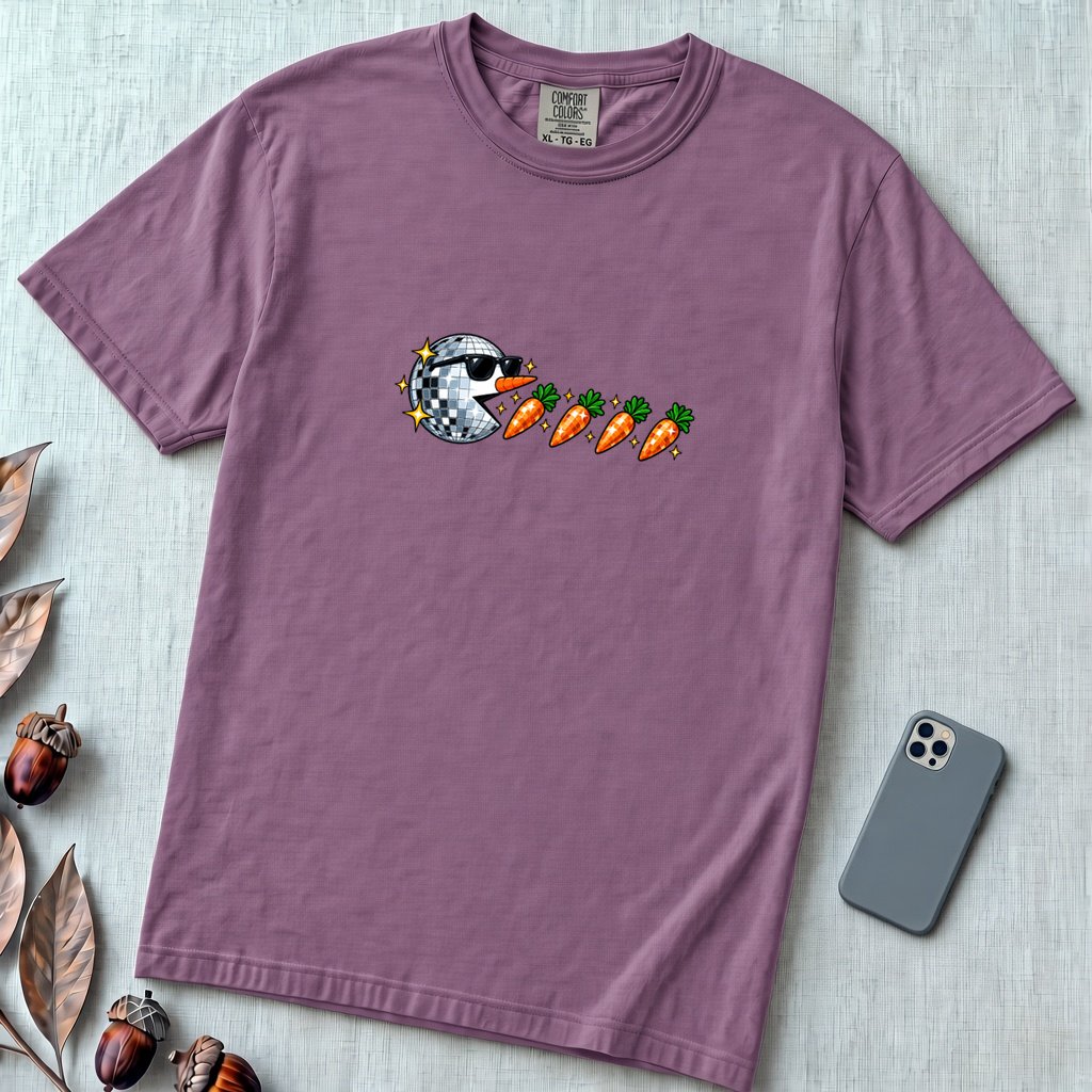 Carrot Eating Snowman T-Shirt, Christmas Arcade Inspired Tee - Berry unfolded t-shirt mockup