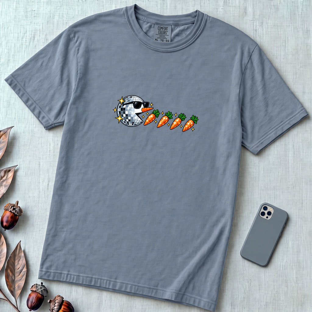 Carrot Eating Snowman T-Shirt, Christmas Arcade Inspired Tee - Blue Jean unfolded t-shirt mockup