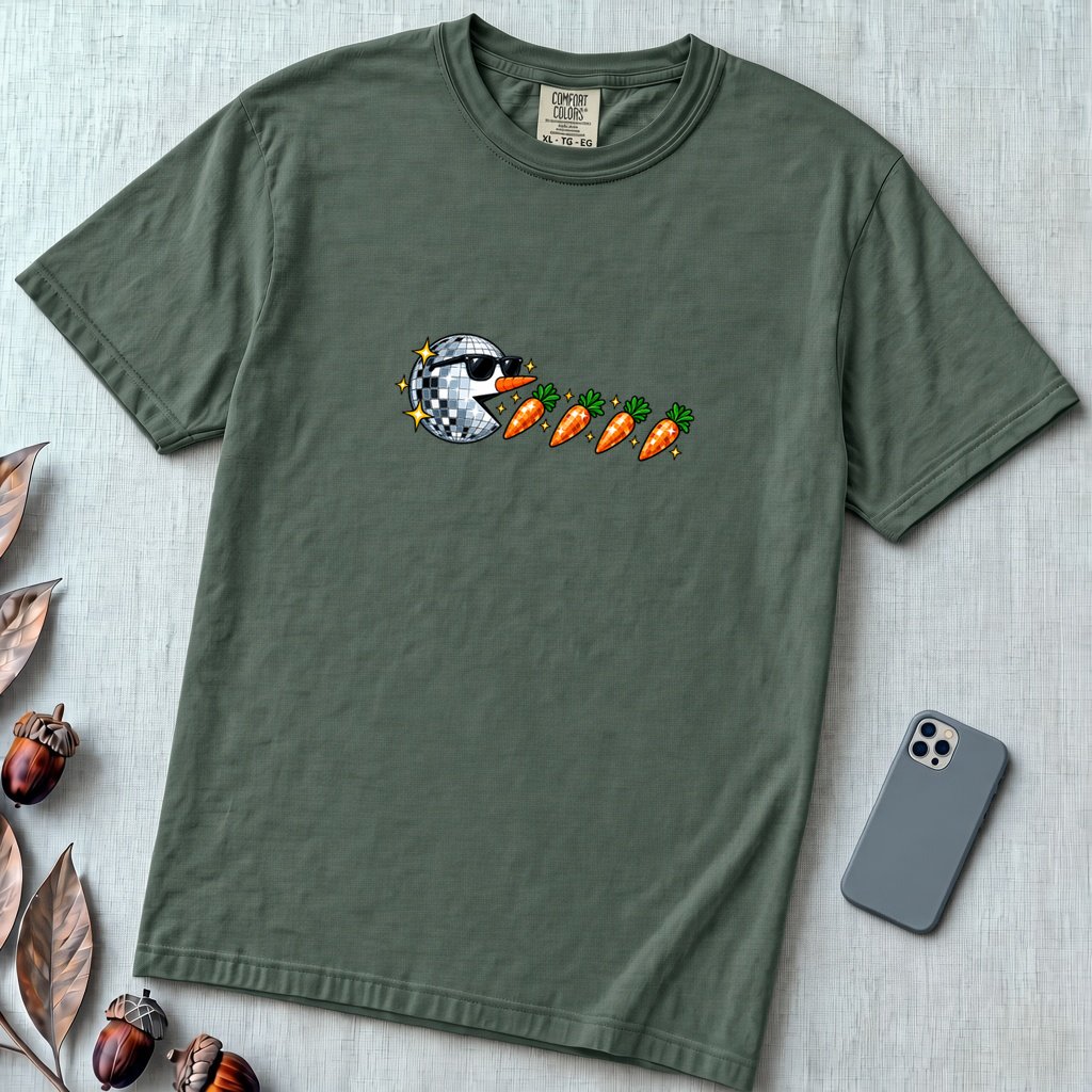 Carrot Eating Snowman T-Shirt, Christmas Arcade Inspired Tee - Blue Spruce unfolded t-shirt mockup