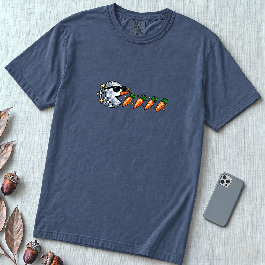 Carrot Eating Snowman T-Shirt, Christmas Arcade Inspired Tee - Denim unfolded t-shirt mockup