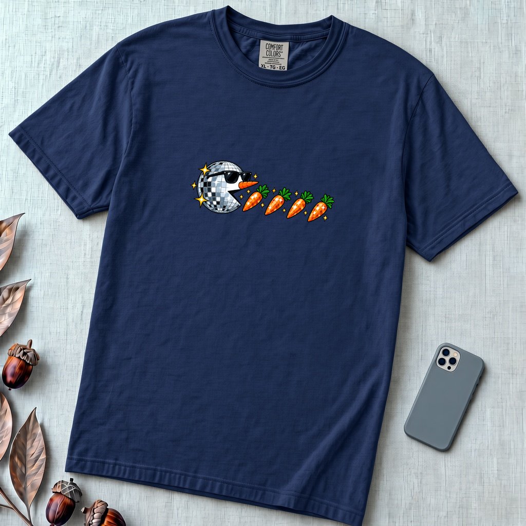 Carrot Eating Snowman T-Shirt, Christmas Arcade Inspired Tee - True Navy unfolded t-shirt mockup