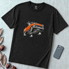 Cat in a Flying Vintage Car T-Shirt - Black unfolded t-shirt mockup