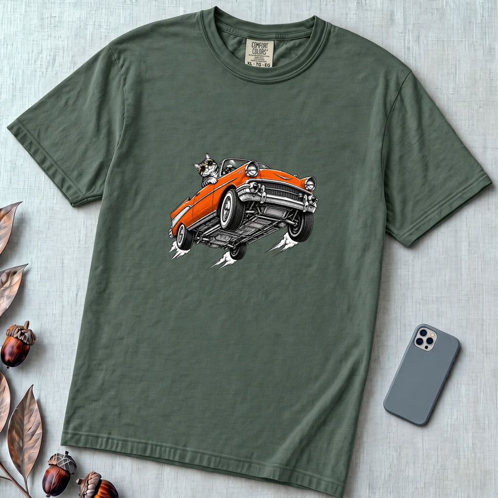 Cat in a Flying Vintage Car T-Shirt - Blue Spruce unfolded t-shirt mockup