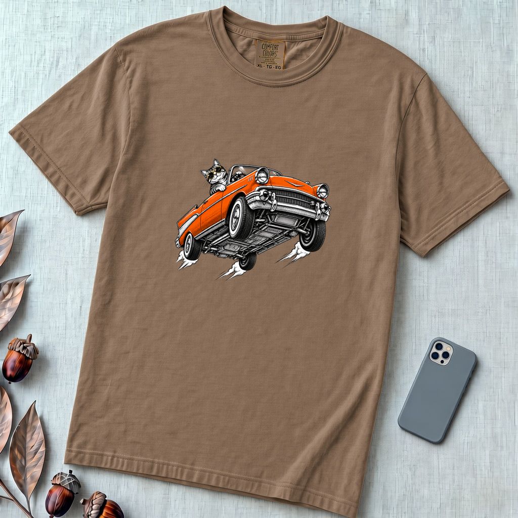 Cat in a Flying Vintage Car T-Shirt - Espresso unfolded t-shirt mockup