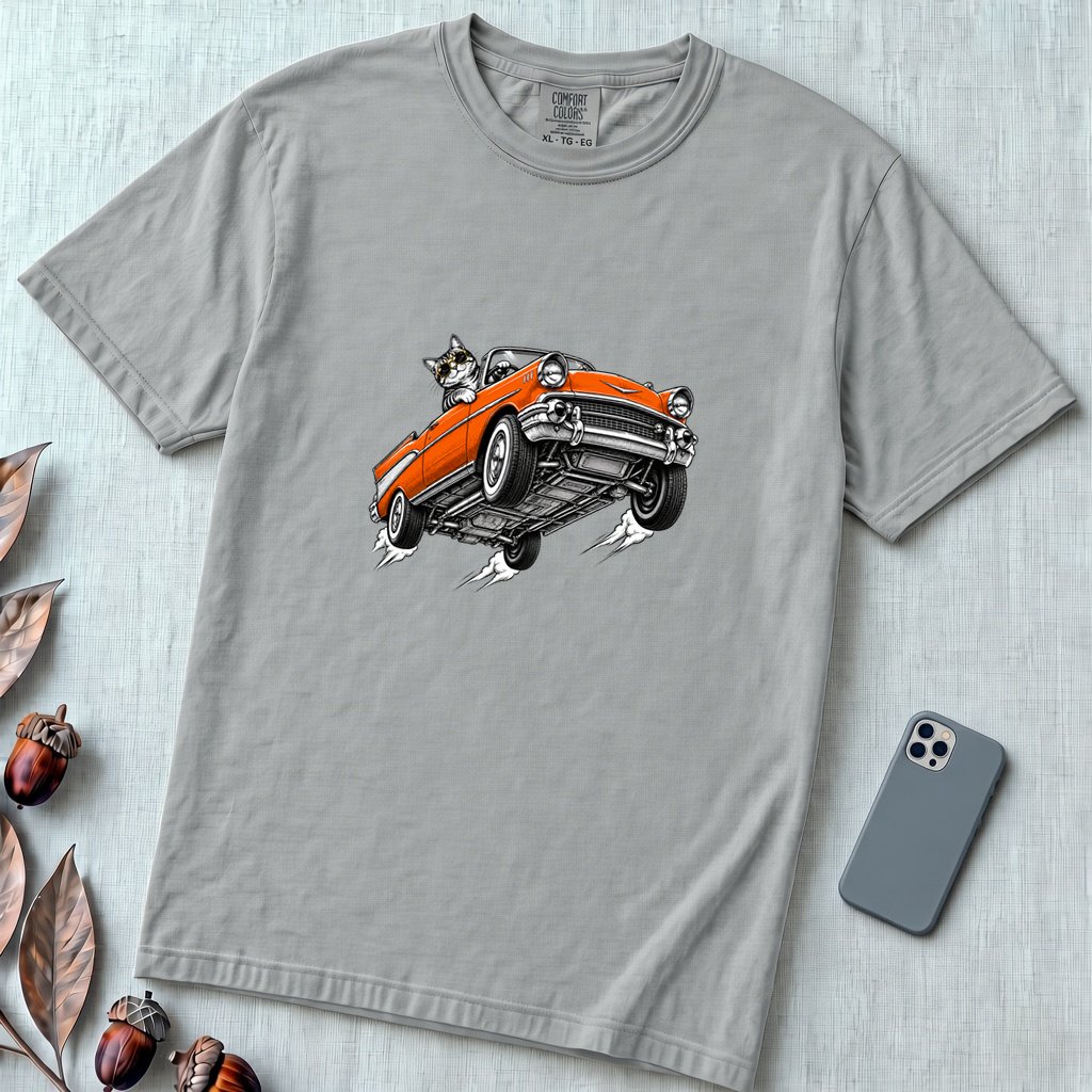 Cat in a Flying Vintage Car T-Shirt - Granite unfolded t-shirt mockup