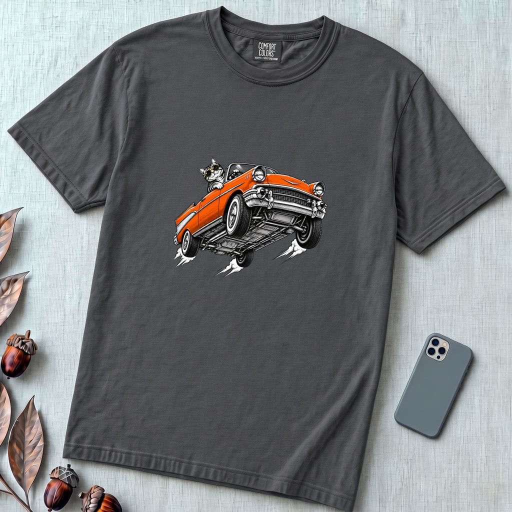 Cat in a Flying Vintage Car T-Shirt - Graphite unfolded t-shirt mockup