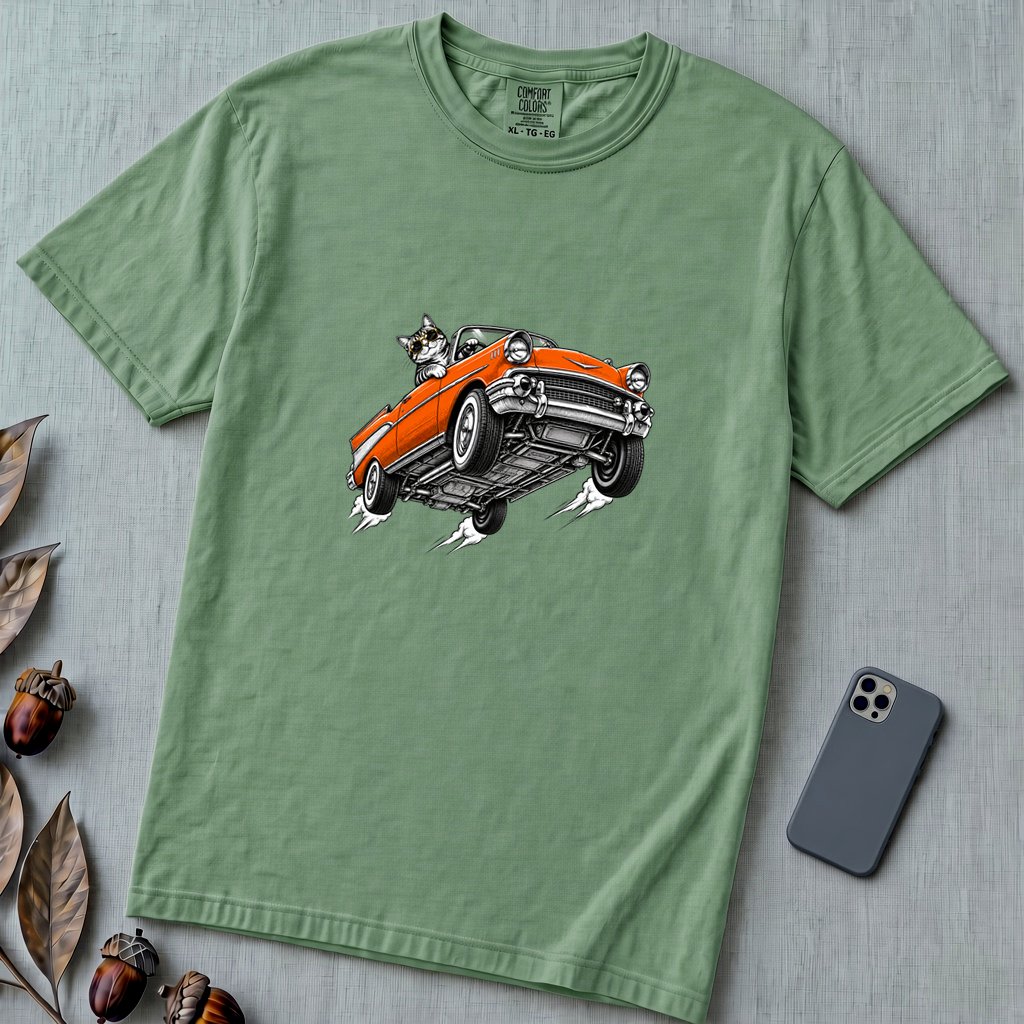 Cat in a Flying Vintage Car T-Shirt - Light Green unfolded t-shirt mockup