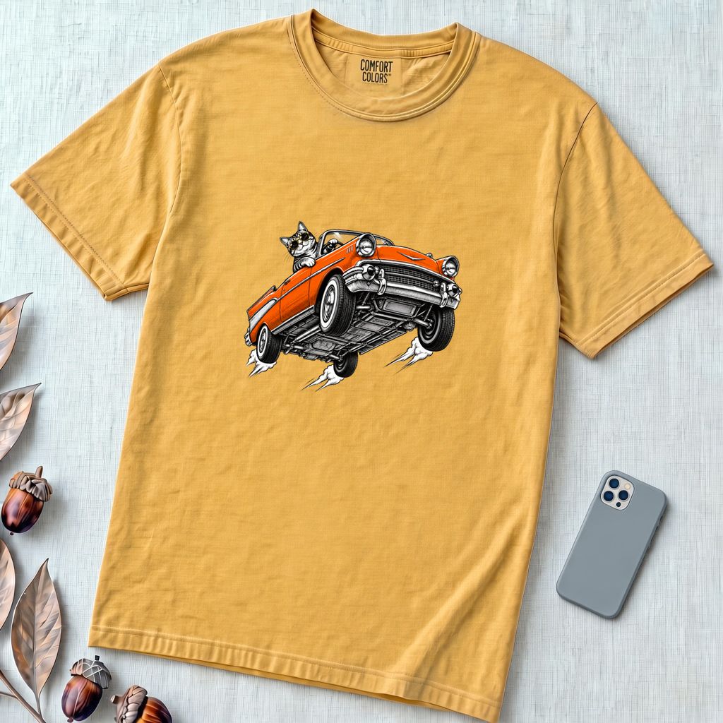 Cat in a Flying Vintage Car T-Shirt - Mustard unfolded t-shirt mockup