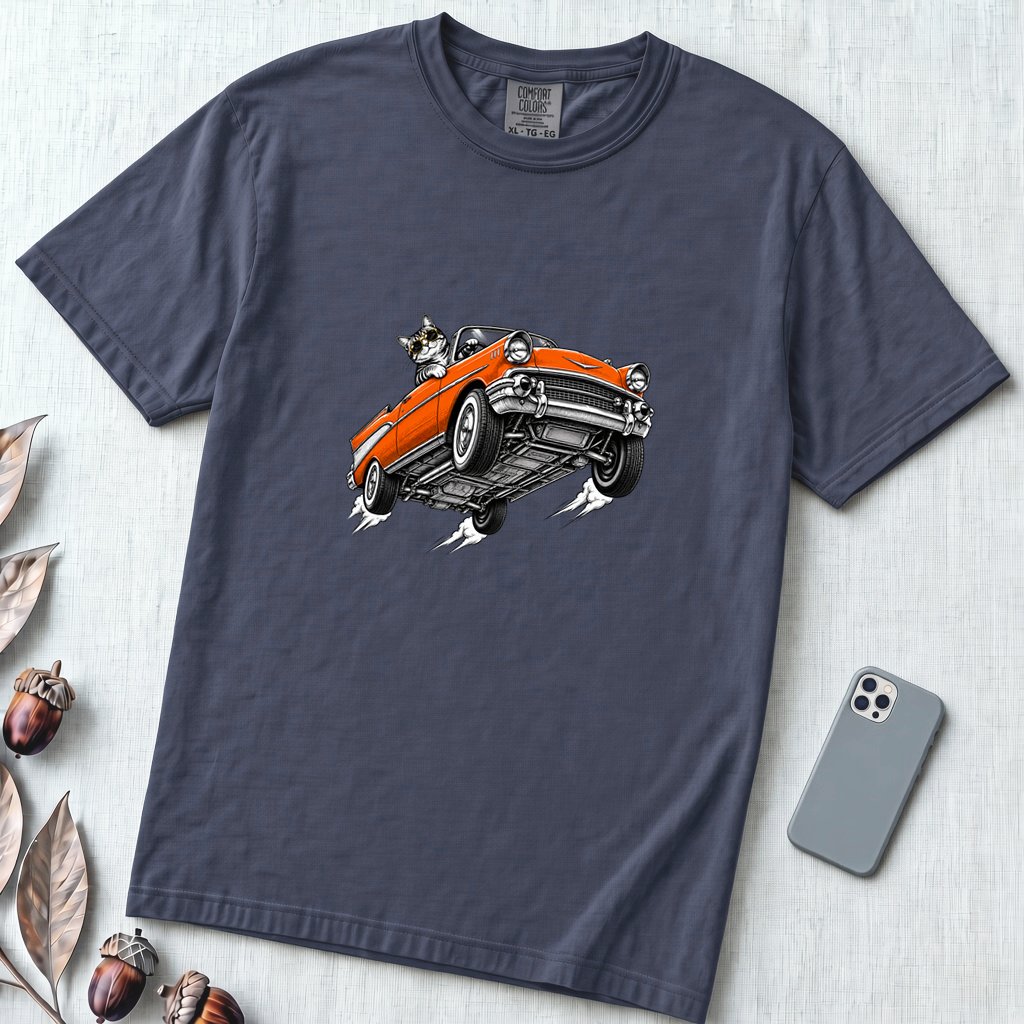 Cat in a Flying Vintage Car T-Shirt - Navy unfolded t-shirt mockup