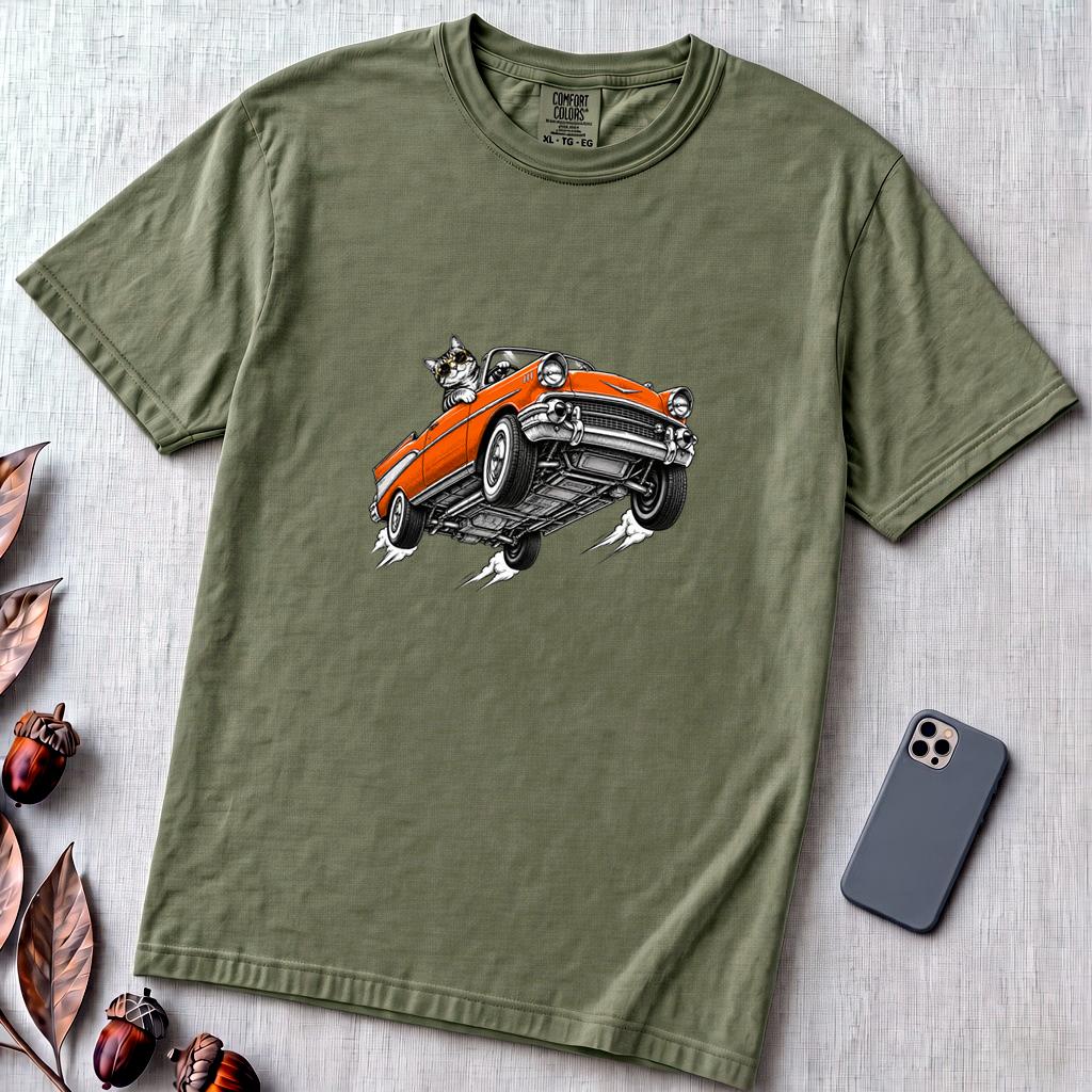 Cat in a Flying Vintage Car T-Shirt - Sage unfolded t-shirt mockup
