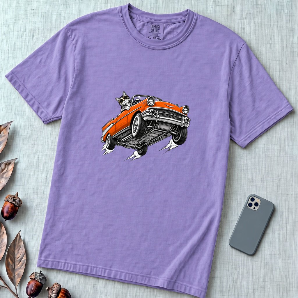 Cat in a Flying Vintage Car T-Shirt - Violet unfolded t-shirt mockup