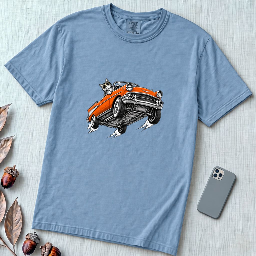 Cat in a Flying Vintage Car T-Shirt - Washed Denim unfolded t-shirt mockup