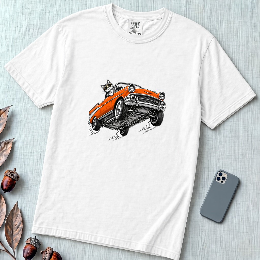 Cat in a Flying Vintage Car T-Shirt - White unfolded t-shirt mockup