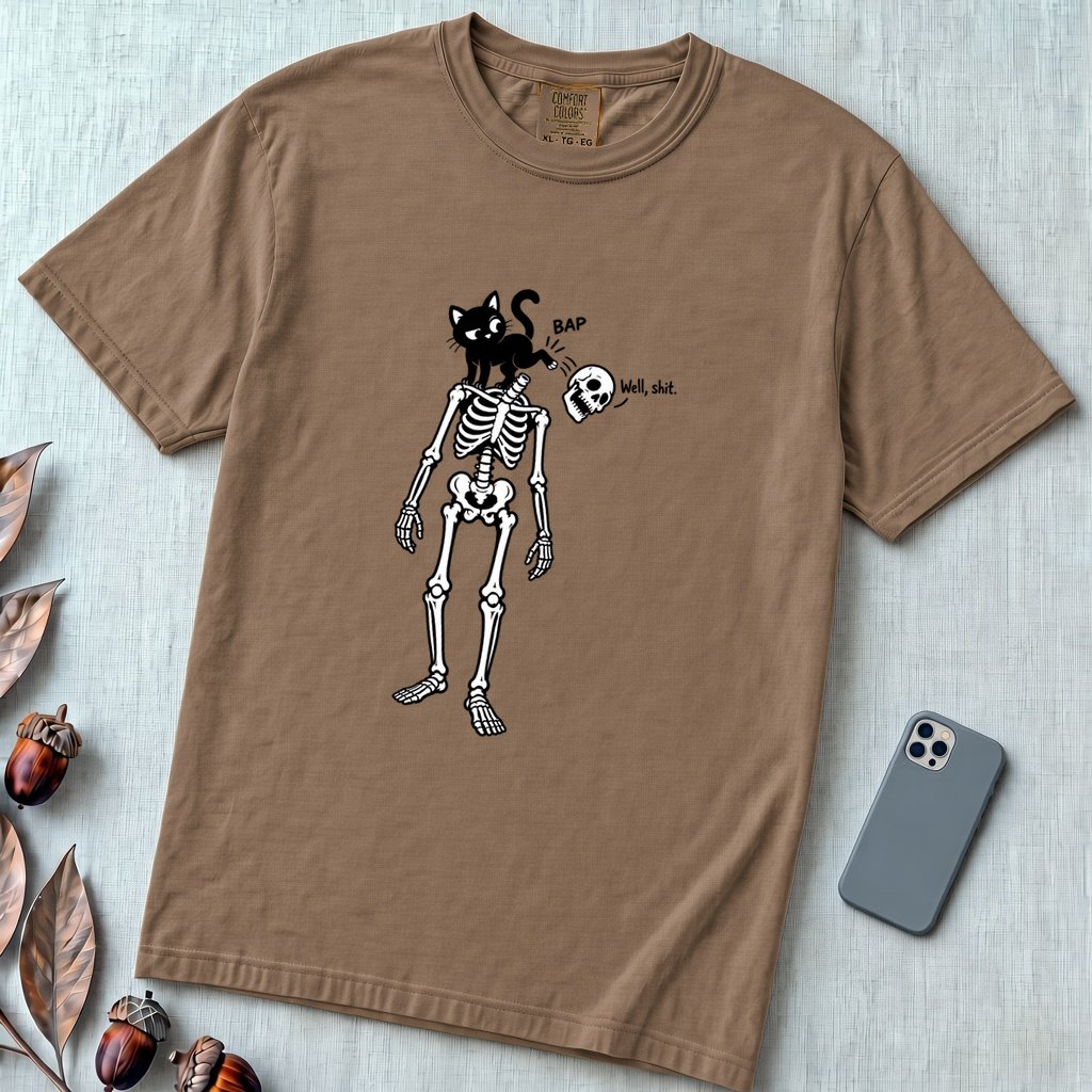 Cat Knocks Skull Off Graphic Tee, Black Cat vs Skeleton Funny T-Shirt - Espresso unfolded t-shirt mockup