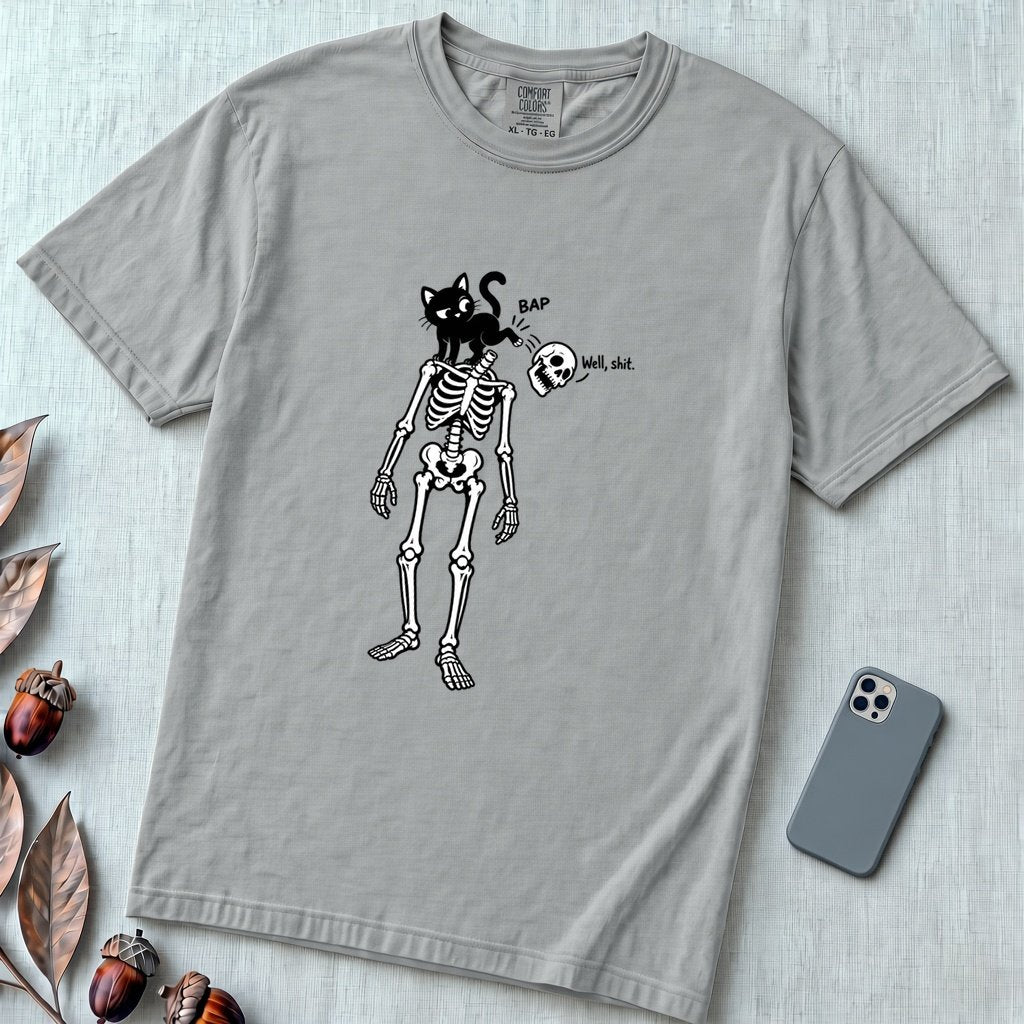 Cat Knocks Skull Off Graphic Tee, Black Cat vs Skeleton Funny T-Shirt - Granite unfolded t-shirt mockup