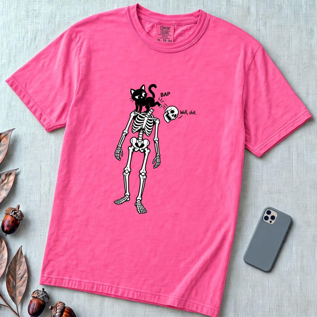 Cat Knocks Skull Off Graphic Tee, Black Cat vs Skeleton Funny T-Shirt - Neon Pink unfolded t-shirt mockup