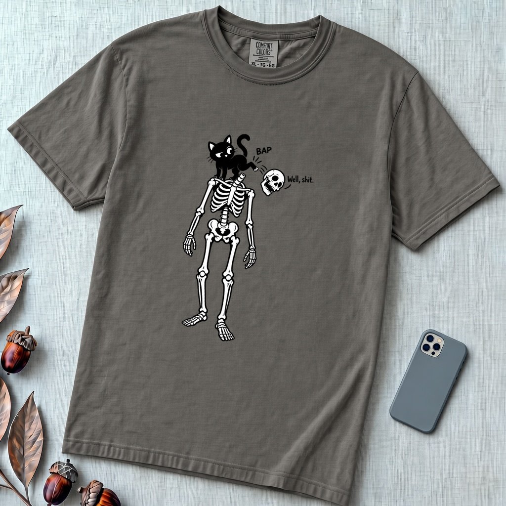Cat Knocks Skull Off Graphic Tee, Black Cat vs Skeleton Funny T-Shirt - Pepper unfolded t-shirt mockup