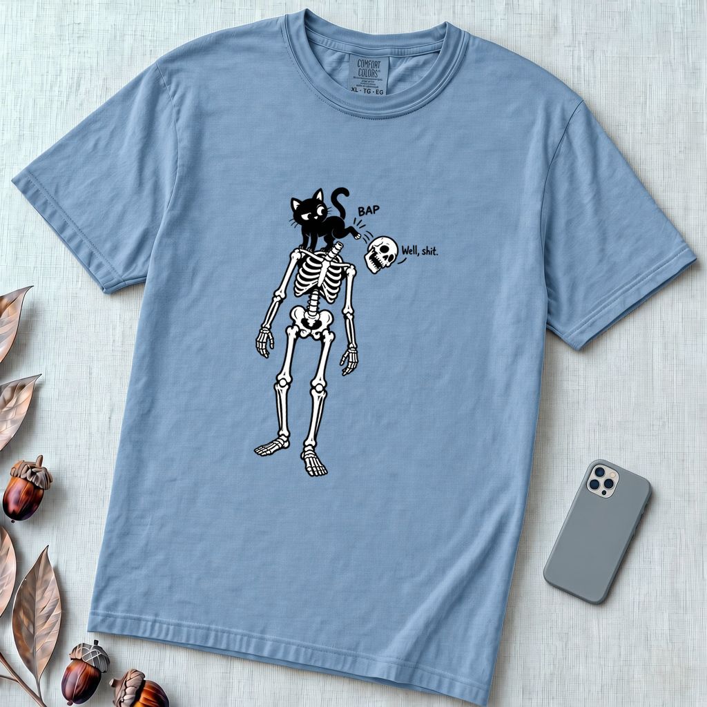 Cat Knocks Skull Off Graphic Tee, Black Cat vs Skeleton Funny T-Shirt - Washed Denim unfolded t-shirt mockup