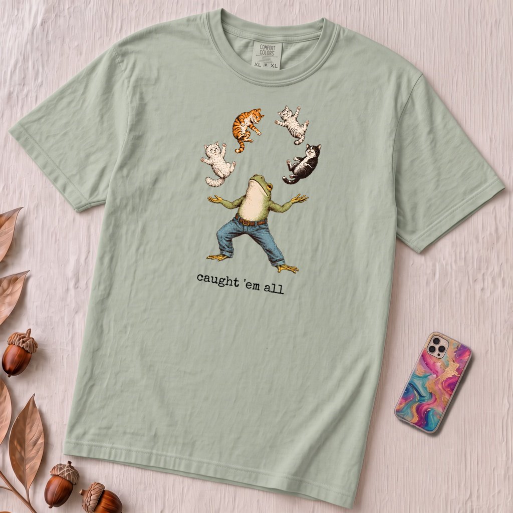 Caught ’Em All Frog & Cats T-Shirt - Bay unfolded t-shirt mockup