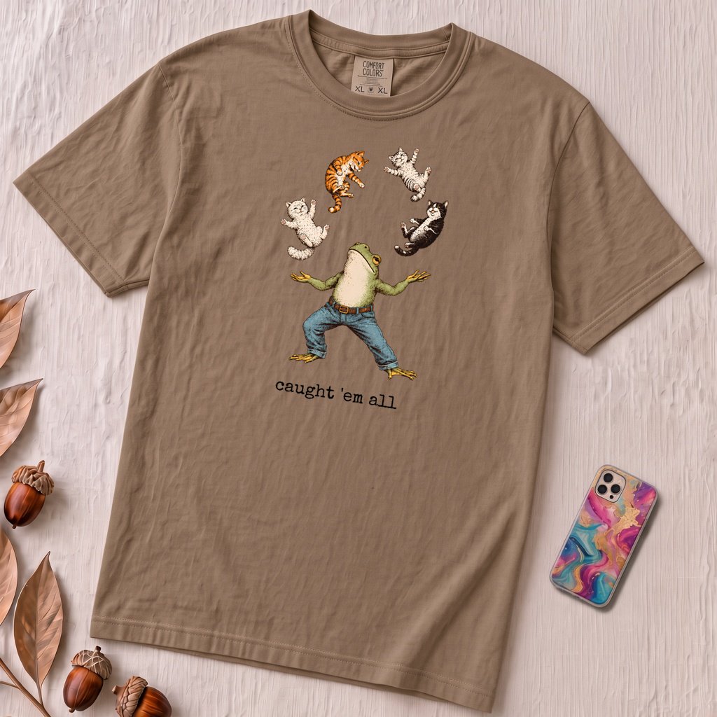 Caught ’Em All Frog & Cats T-Shirt - Espresso unfolded t-shirt mockup