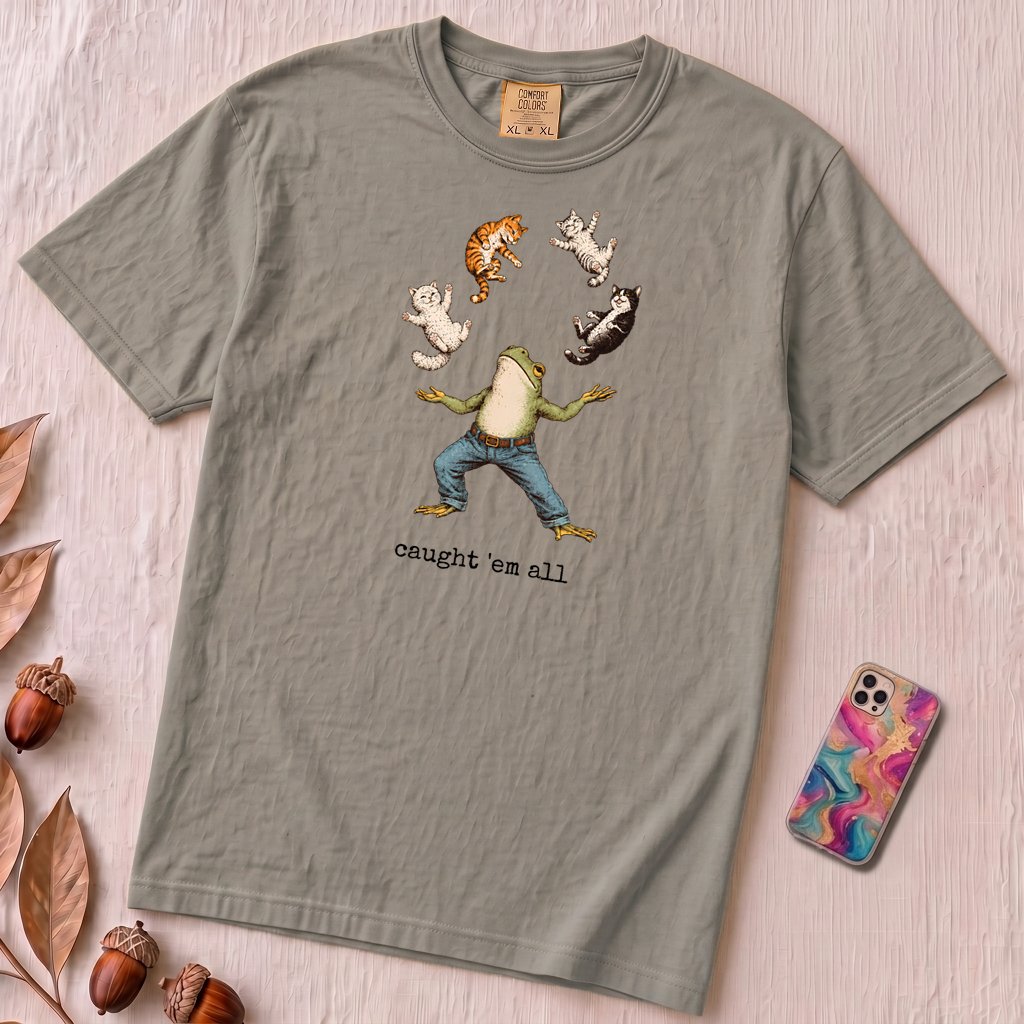 Caught ’Em All Frog & Cats T-Shirt - Grey unfolded t-shirt mockup