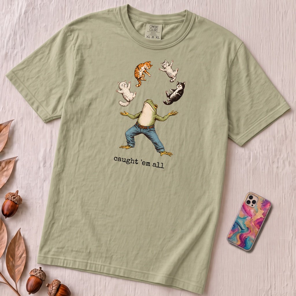 Caught ’Em All Frog & Cats T-Shirt - Khaki unfolded t-shirt mockup