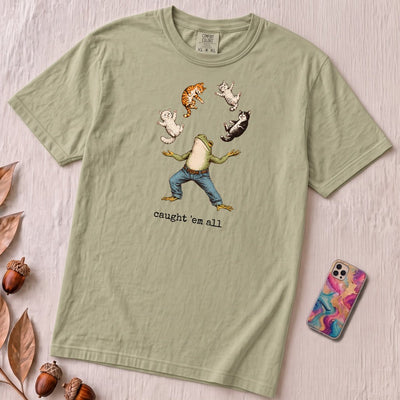 Caught ’Em All Frog & Cats T-Shirt - Khaki unfolded t-shirt mockup