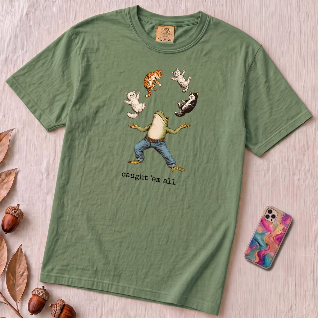 Caught ’Em All Frog & Cats T-Shirt - Light Green unfolded t-shirt mockup