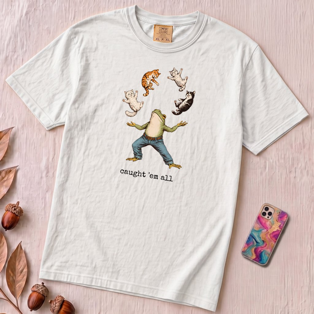 Caught ’Em All Frog & Cats T-Shirt - White unfolded t-shirt mockup