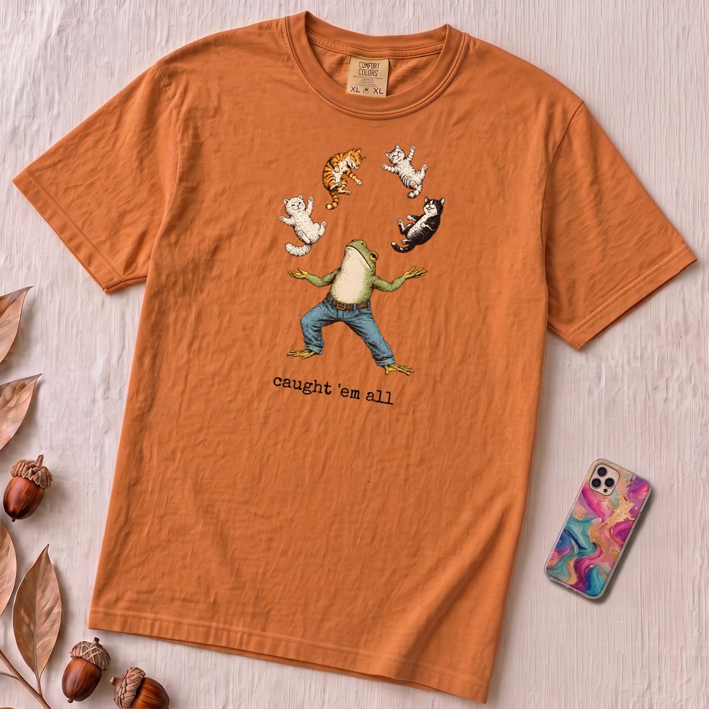 Caught ’Em All Frog & Cats T-Shirt - Yam unfolded t-shirt mockup