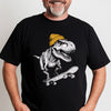 Man wearing a black t-shirt with a dinosaur graphic and a yellow beanie on skate