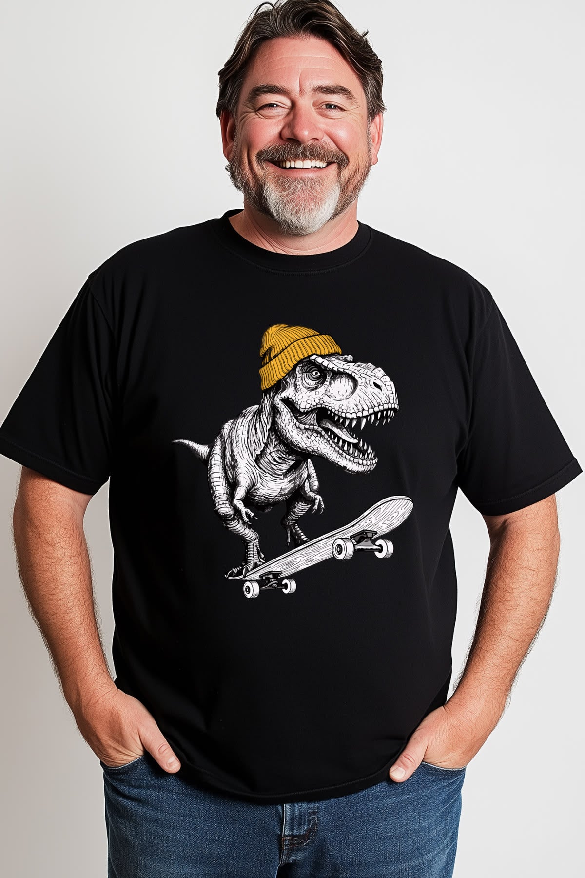 Man wearing a black t-shirt with a dinosaur graphic and a yellow beanie on skate