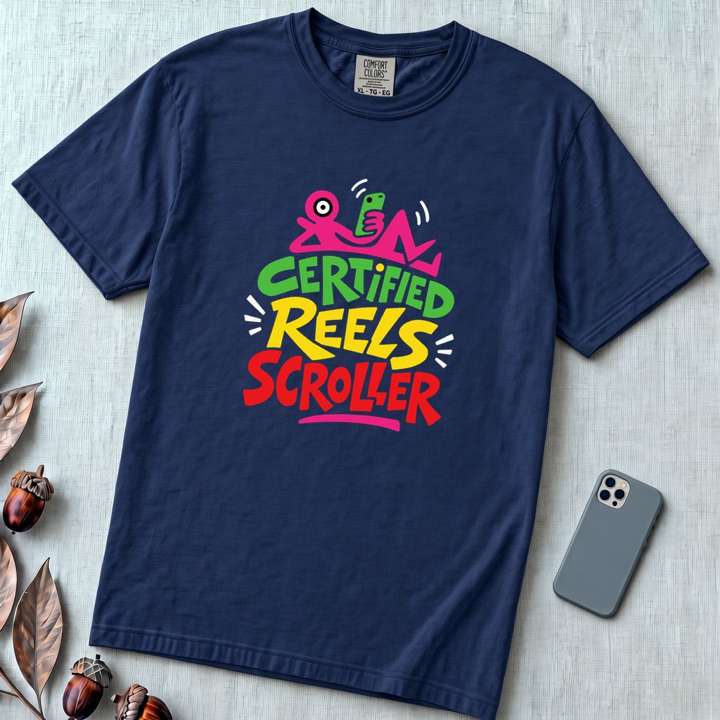 Certified Reels Scroller T-Shirt, Doomscroll Humor - True Navy unfolded t-shirt mockup