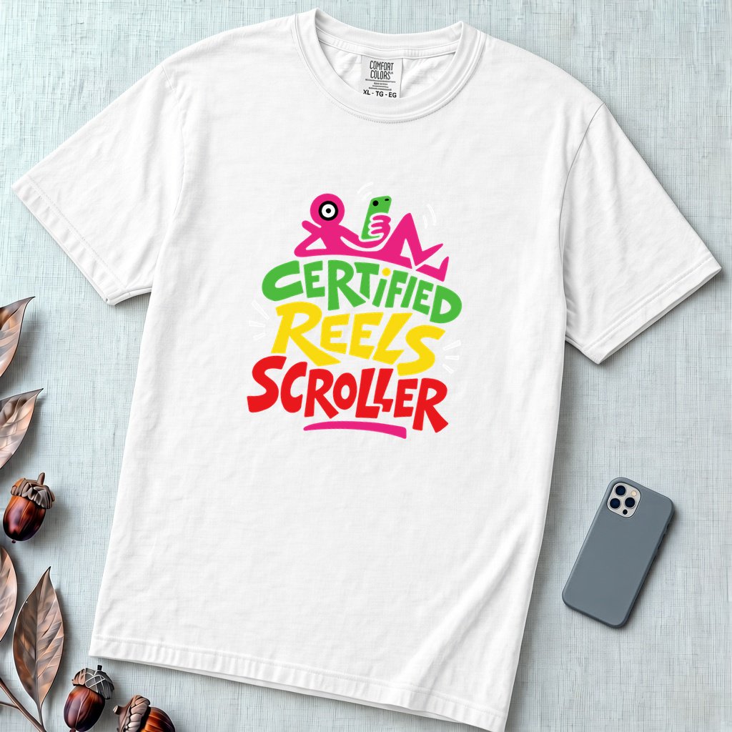 Certified Reels Scroller T-Shirt, Doomscroll Humor - White unfolded t-shirt mockup