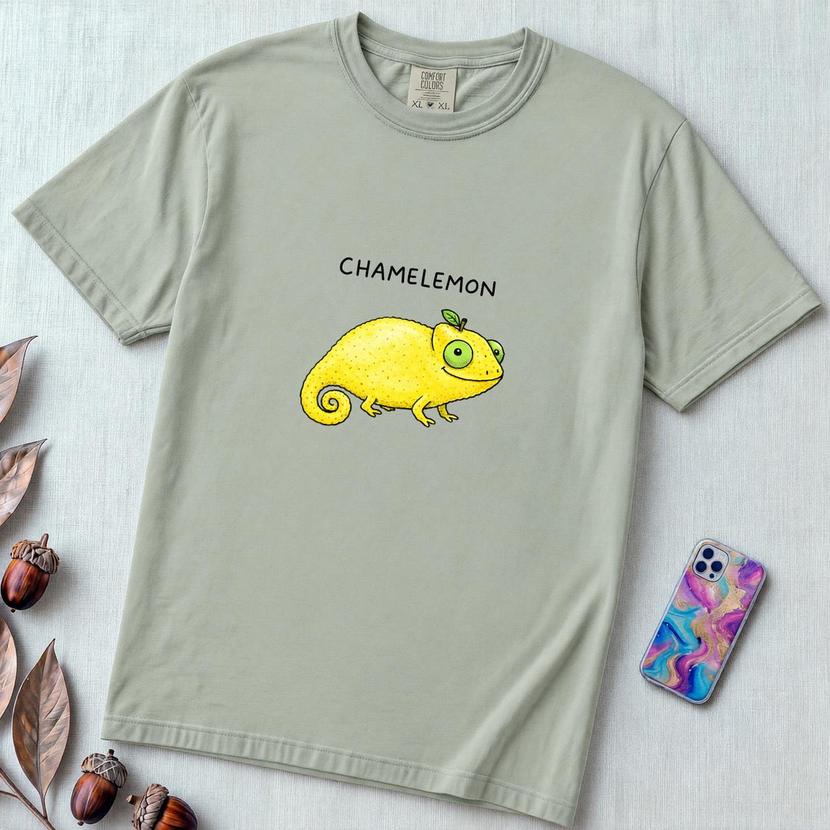Chamelemon Fruit Pun Shirt, Funny Chameleon Lemon - Bay unfolded t-shirt mockup