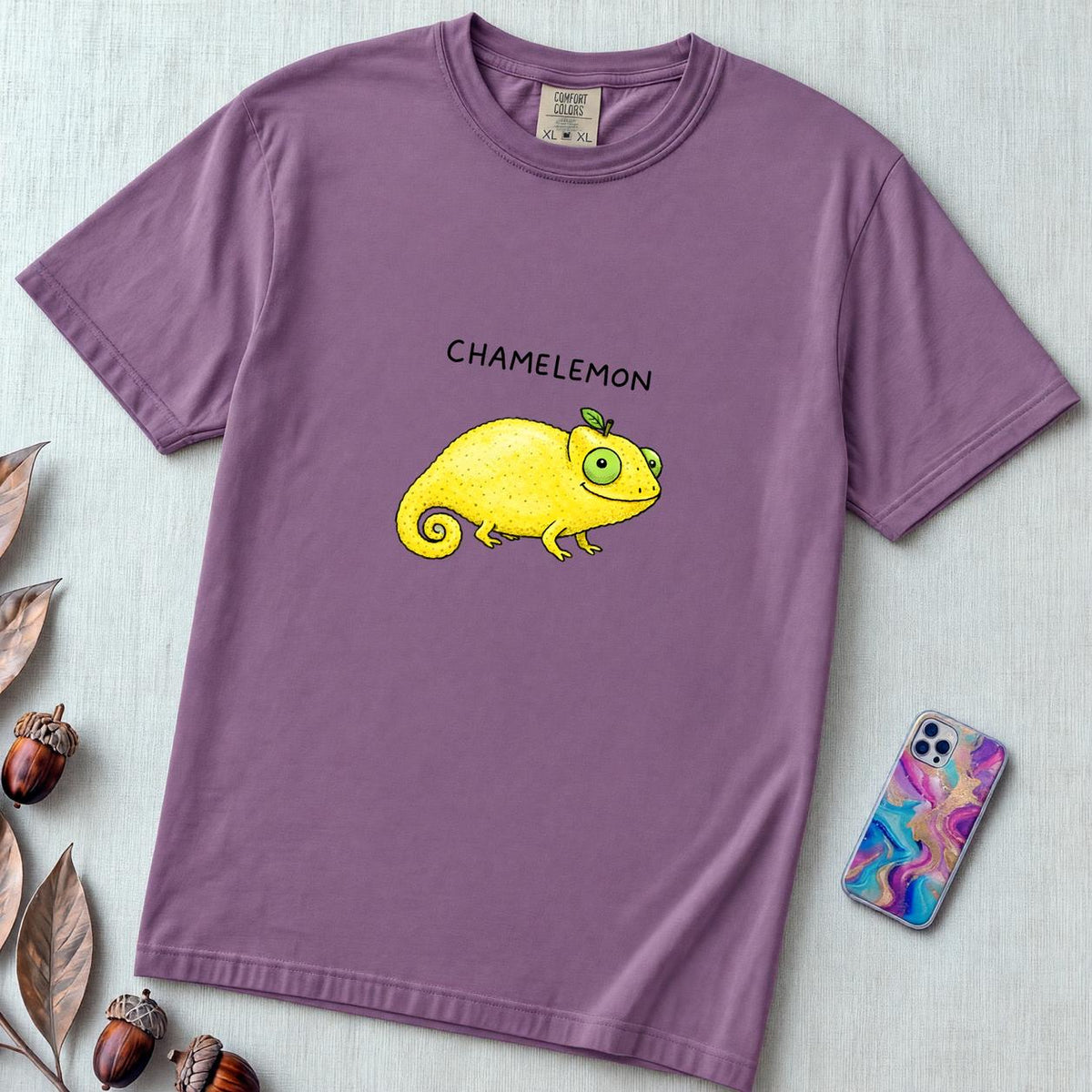 Chamelemon Fruit Pun Shirt, Funny Chameleon Lemon - Berry unfolded t-shirt mockup