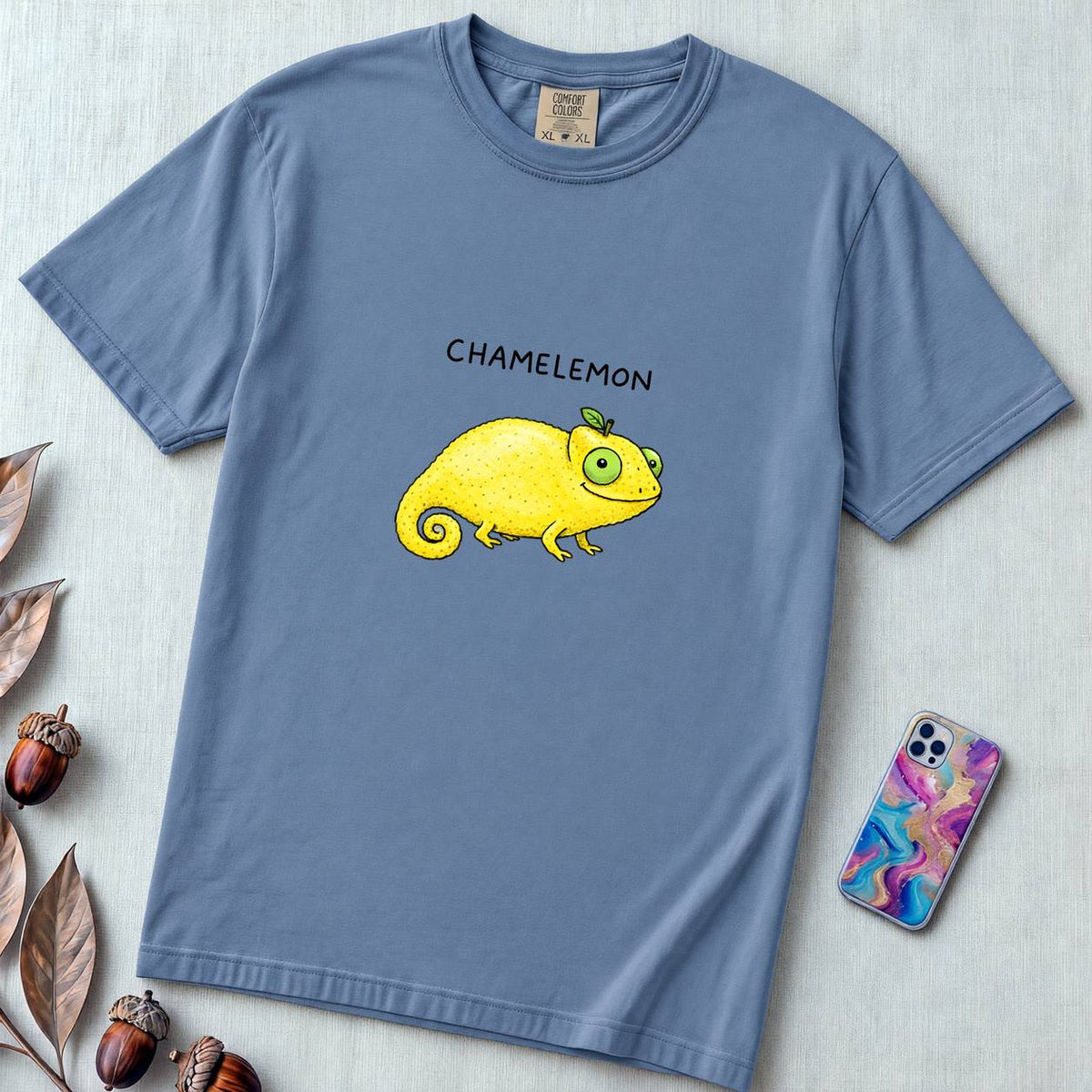 Chamelemon Fruit Pun Shirt, Funny Chameleon Lemon - Blue Jean unfolded t-shirt mockup