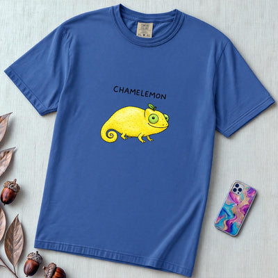Chamelemon Fruit Pun Shirt, Funny Chameleon Lemon - Flo Blue unfolded t-shirt mockup