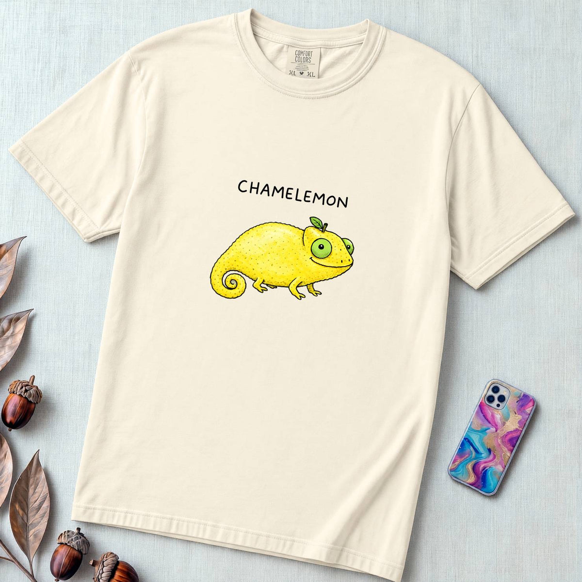Chamelemon Fruit Pun Shirt, Funny Chameleon Lemon - Ivory unfolded t-shirt mockup