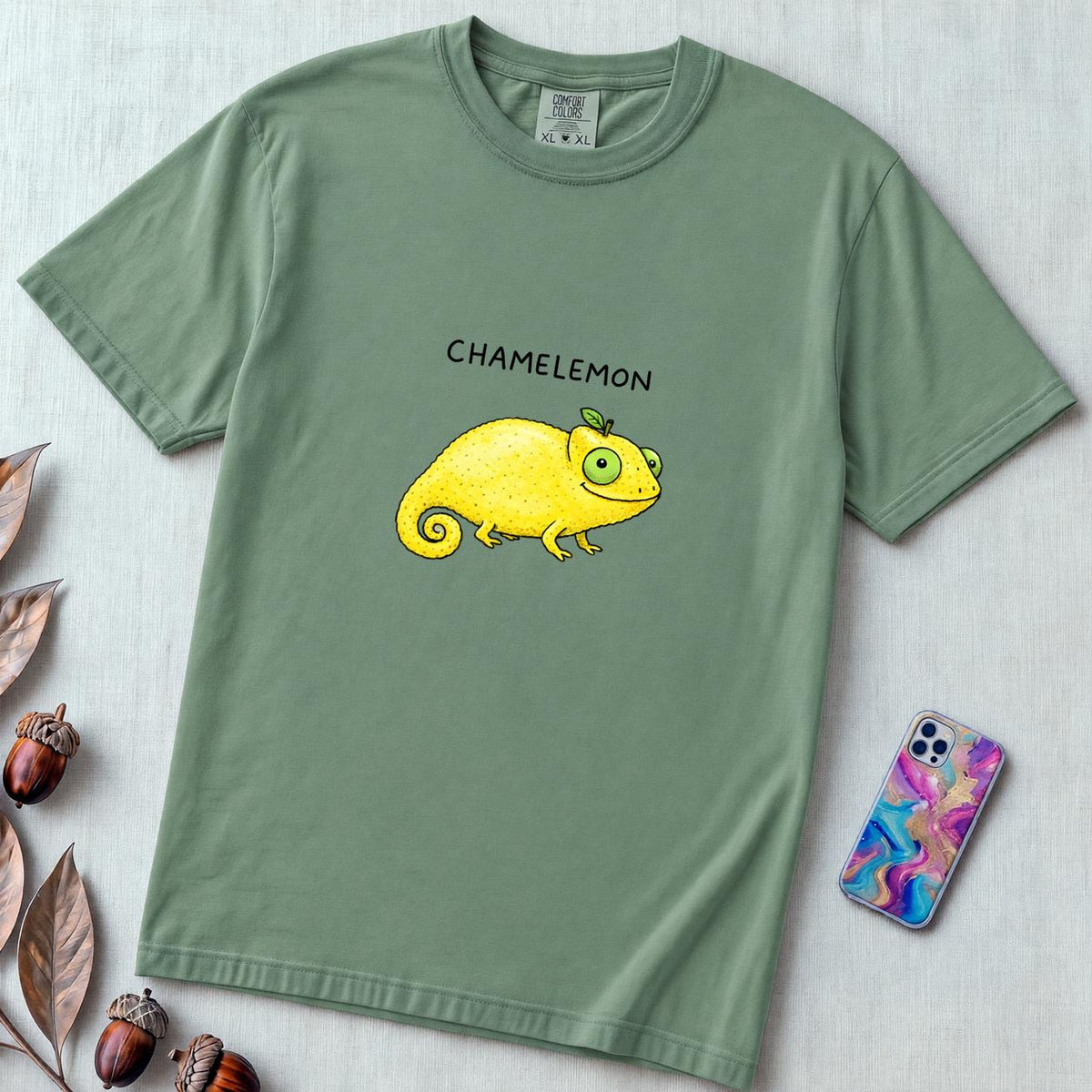 Chamelemon Fruit Pun Shirt, Funny Chameleon Lemon - Light Green unfolded t-shirt mockup