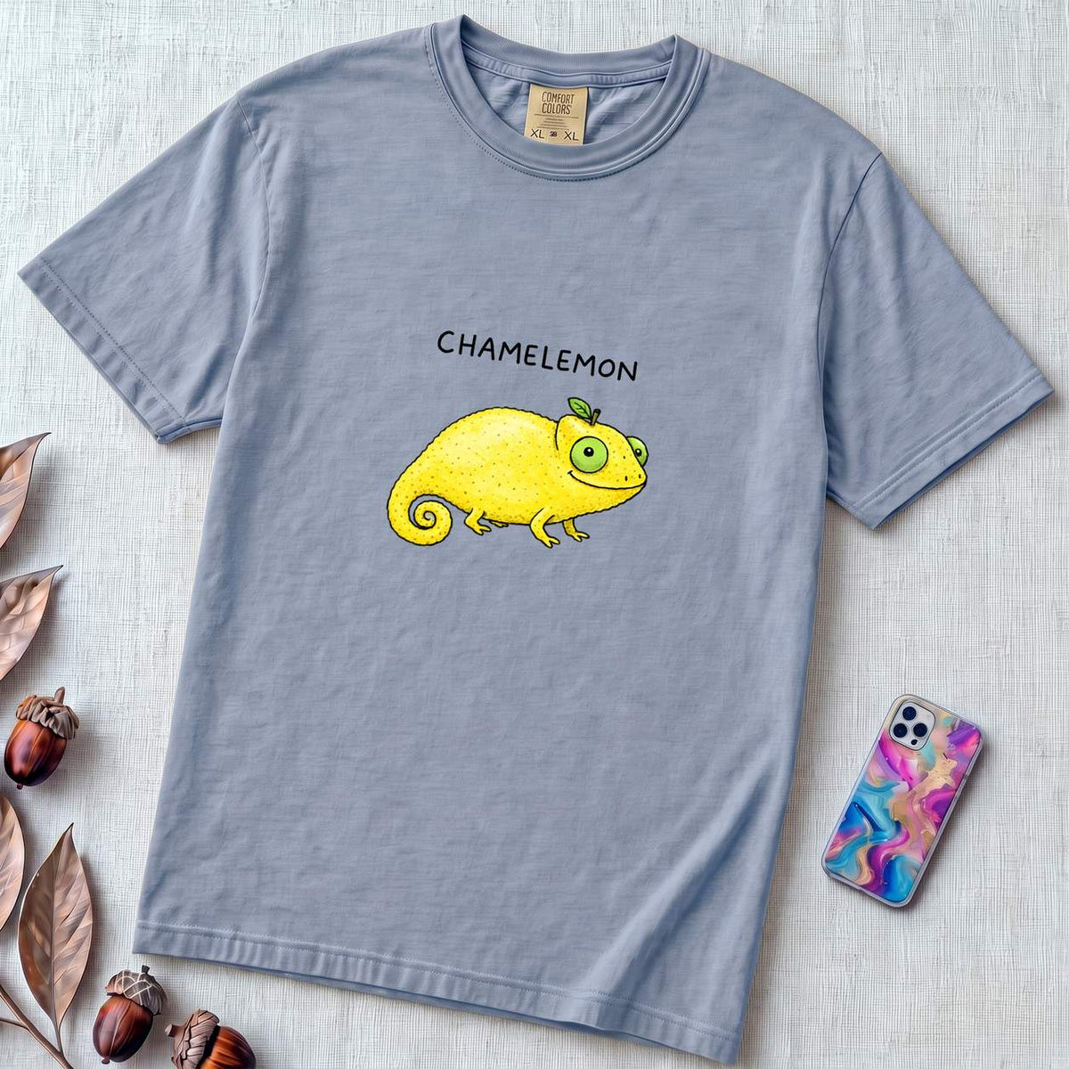 Chamelemon Fruit Pun Shirt, Funny Chameleon Lemon - Washed Denim unfolded t-shirt mockup