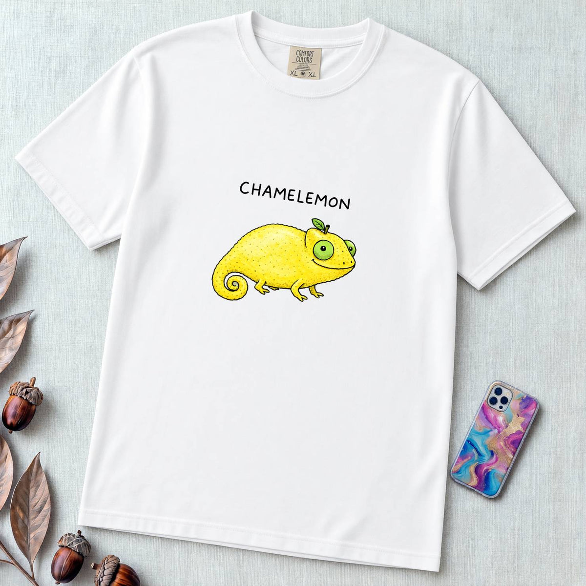 Chamelemon Fruit Pun Shirt, Funny Chameleon Lemon - White unfolded t-shirt mockup