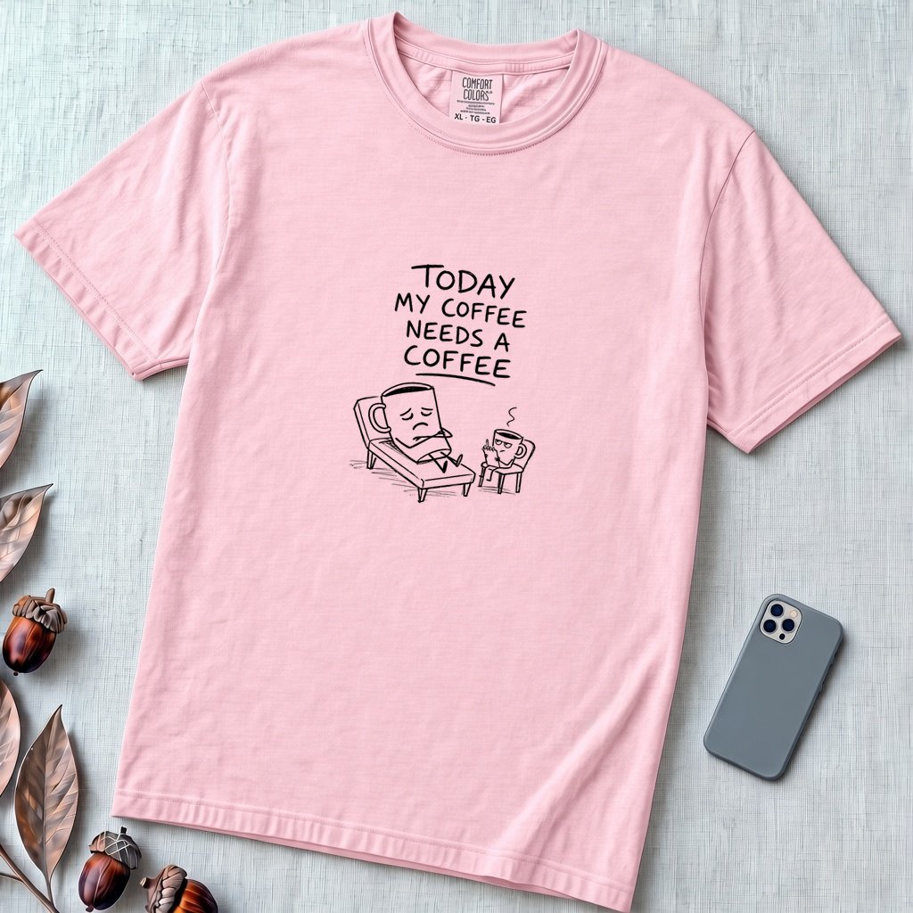 Coffee Therapy T-Shirt "Today My Coffee Needs a Coffee" - Blossom unfolded t-shirt mockup