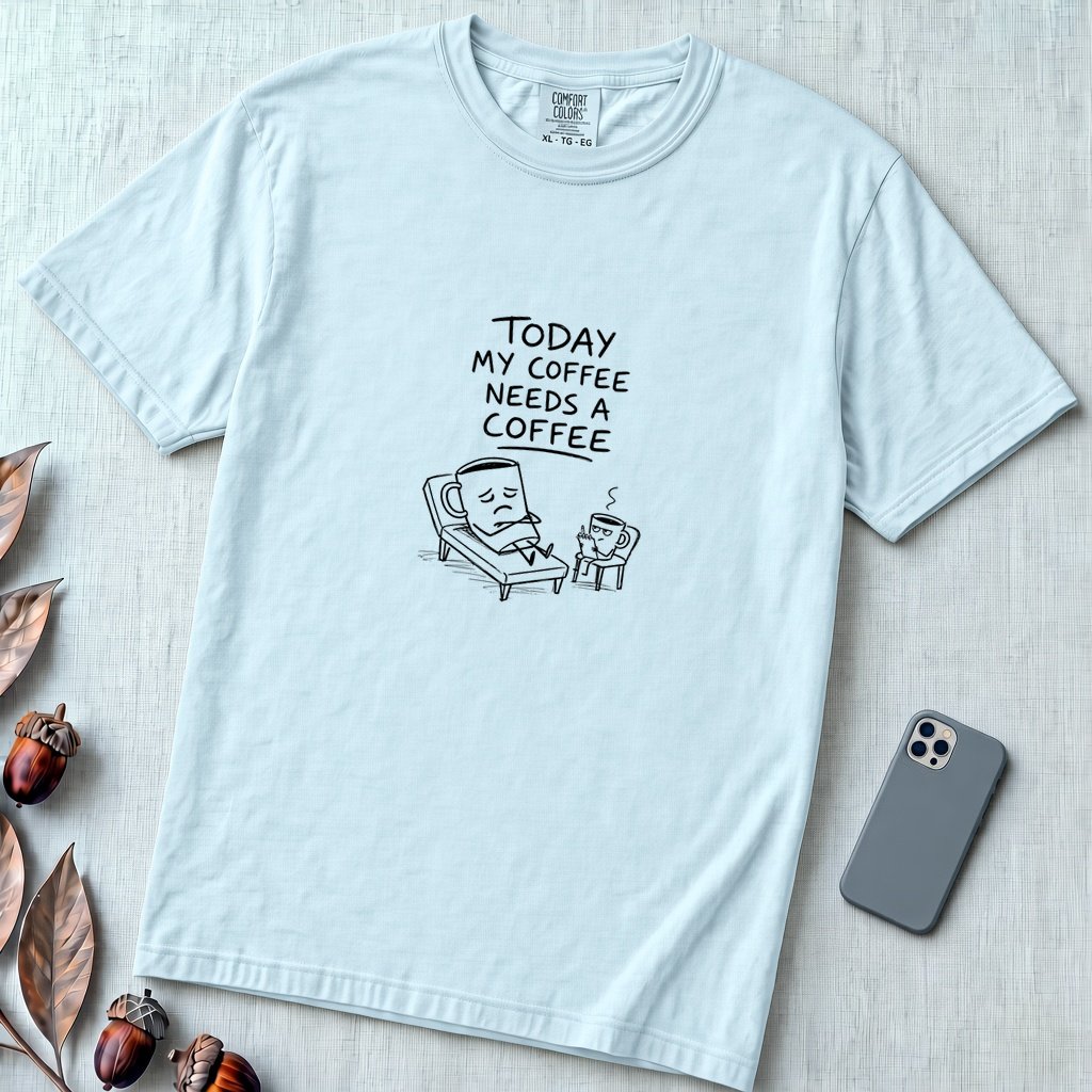 Coffee Therapy T-Shirt "Today My Coffee Needs a Coffee" - Chambray unfolded t-shirt mockup